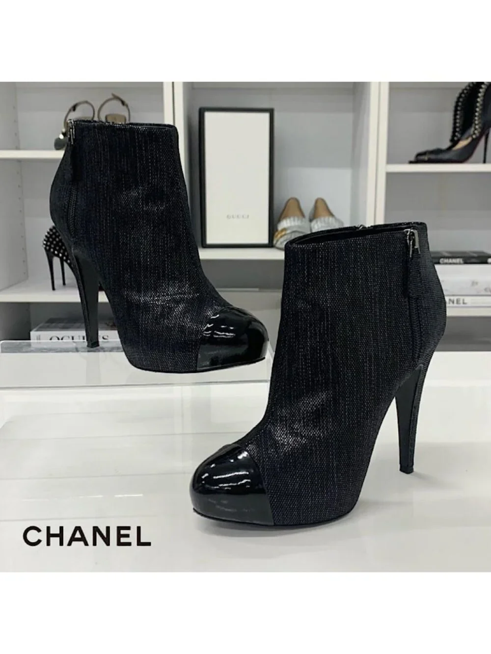 Chanel Cocomark Leather Metallic Short Boots Black